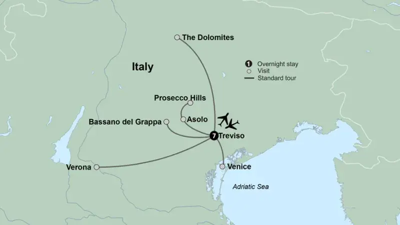Map of a Northern Italy tour route featuring Treviso, Venice, Verona, the Prosecco Hills, Bassano del Grappa, Asolo, and the Dolomites.