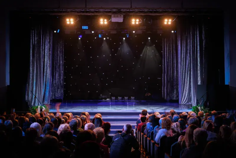 Audience members seated in a theater facing an illuminated stage with spotlights, curtains, and a starry backdrop before a live performance.